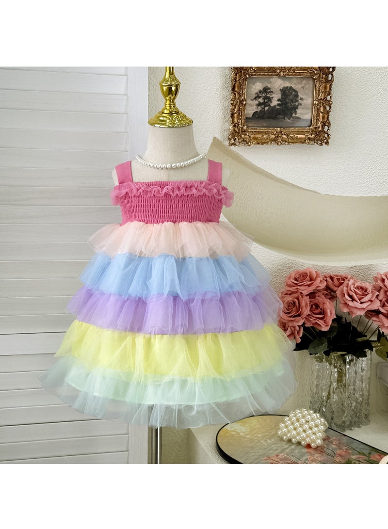 2–3Y Baby Girl Toddler Summer Princess Dress, Pastel Rainbow Tulle Dress, Sleeveless Elastic Bodice Layered Cake Skirt, for Birthday, Eid, Photo Shoot, Fit for Height 100cm  - Image 1