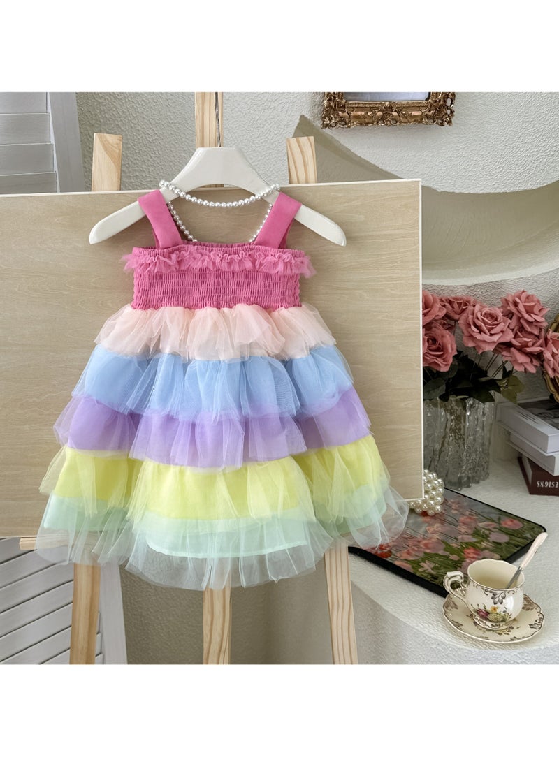 2–3Y Baby Girl Toddler Summer Princess Dress, Pastel Rainbow Tulle Dress, Sleeveless Elastic Bodice Layered Cake Skirt, for Birthday, Eid, Photo Shoot, Fit for Height 100cm  - Image 5