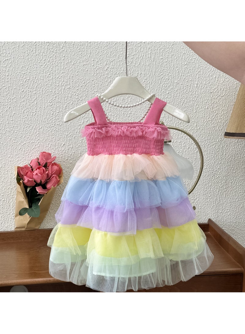 2–3Y Baby Girl Toddler Summer Princess Dress, Pastel Rainbow Tulle Dress, Sleeveless Elastic Bodice Layered Cake Skirt, for Birthday, Eid, Photo Shoot, Fit for Height 100cm  - Image 4