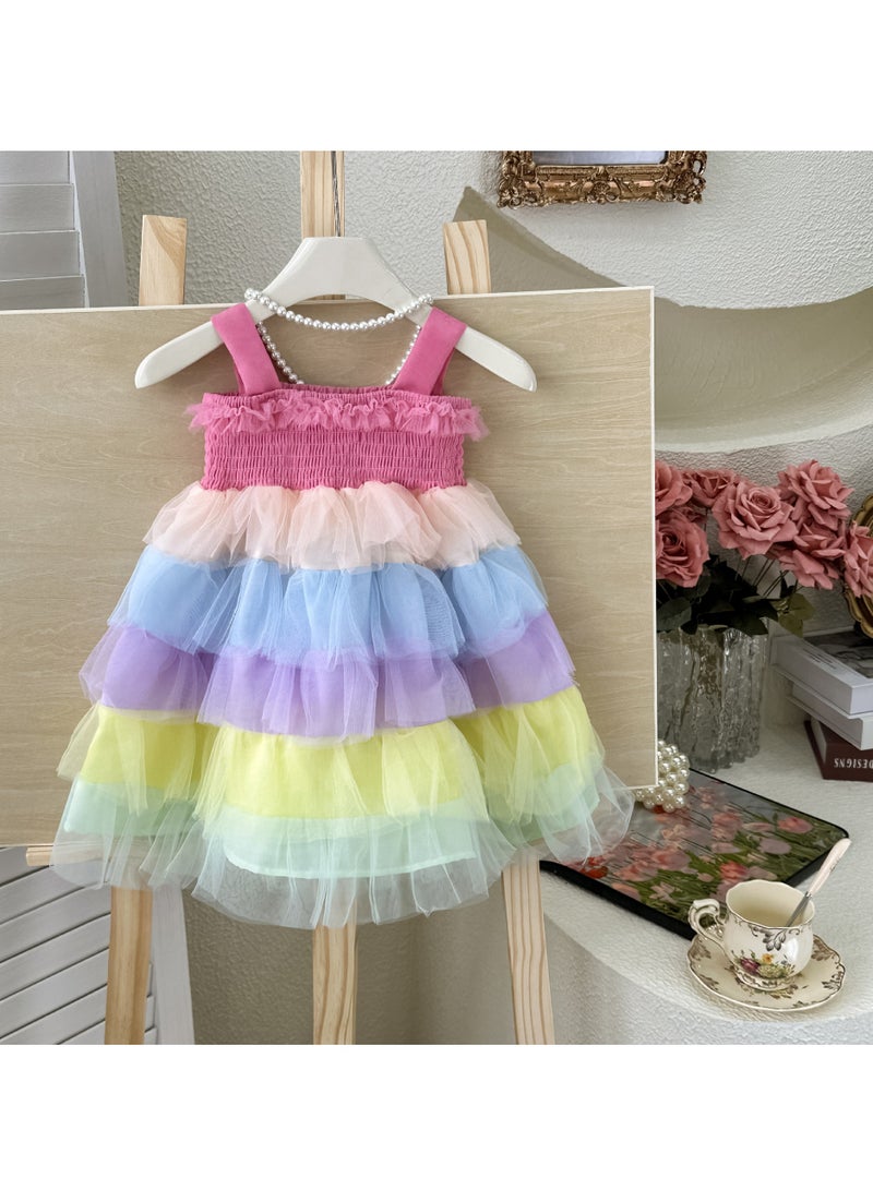2–3Y Baby Girl Toddler Summer Princess Dress, Pastel Rainbow Tulle Dress, Sleeveless Elastic Bodice Layered Cake Skirt, for Birthday, Eid, Photo Shoot, Fit for Height 100cm  - Image 2