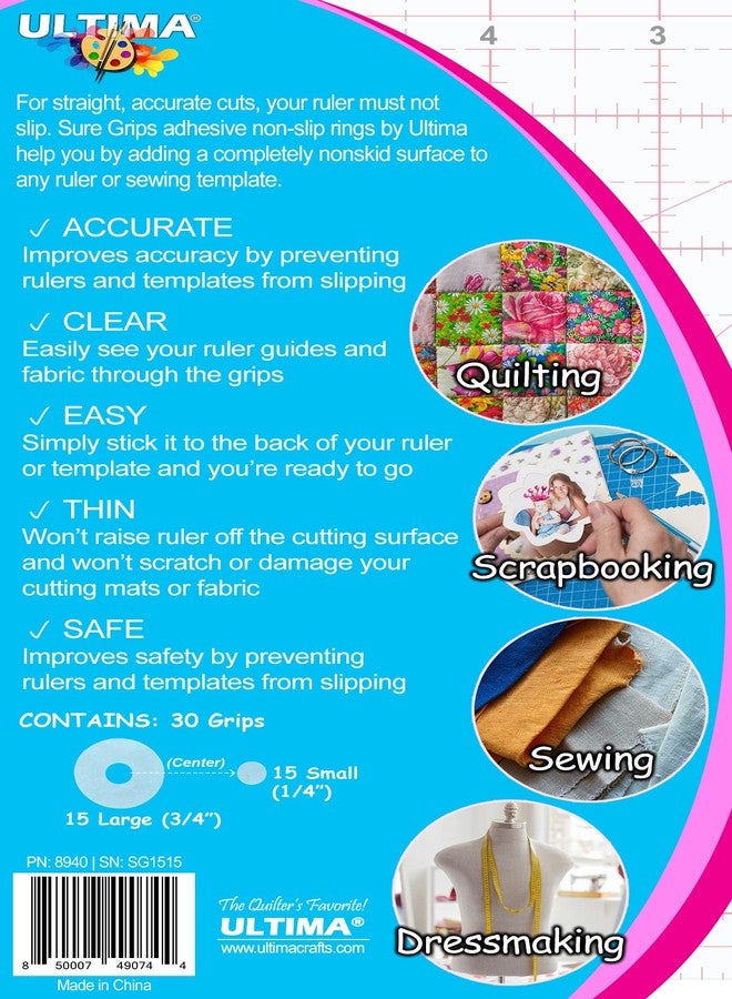 Ultima Sure Grips by Ultima - Non-Slip Ruler Grip Rings with 3M Adhesive Backing - Designed for Quilting & Patchworking - Works on Any Ruler - 30 Rings, 15 Large & 15 Small - Image 5