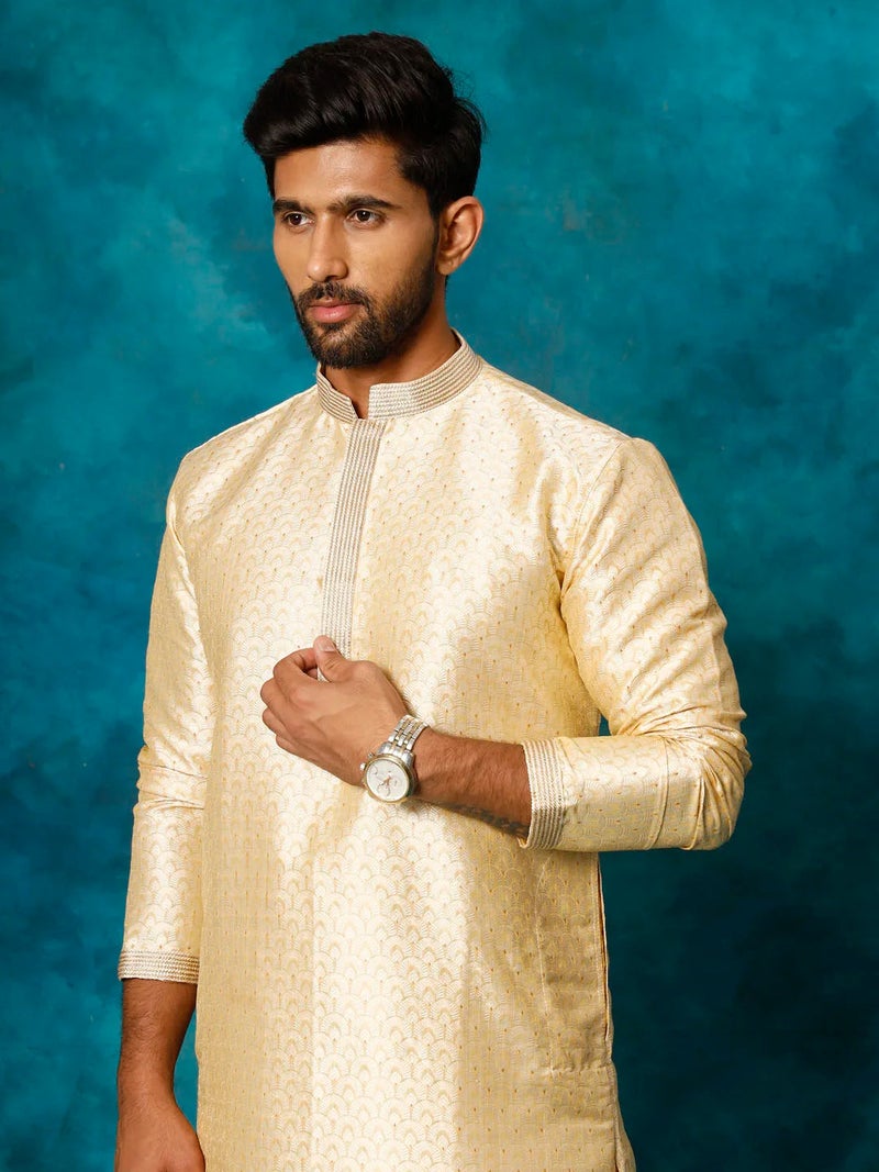 PRASHA Men's Gold Jacquard Kurta Only - Image 3