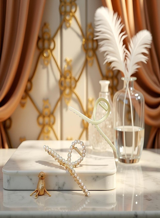 قطعتان من مشابك الشعر المعدنية الكبيرة للنساء، لون ذهبي مطفي مع لآلئ، مشابك شعر سميكة غير قابلة للانزلاق، مشابك شعر قوية لامعة على شكل سلطعون للشعر الطويل، مشابك شعر - Image 5