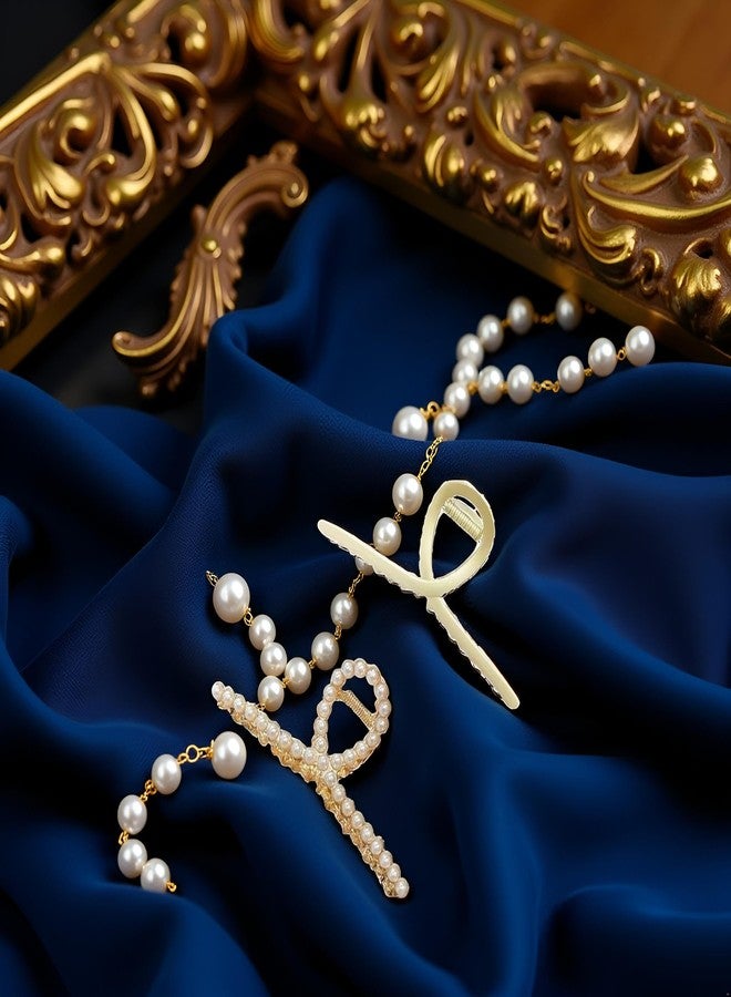 قطعتان من مشابك الشعر المعدنية الكبيرة للنساء، لون ذهبي مطفي مع لآلئ، مشابك شعر سميكة غير قابلة للانزلاق، مشابك شعر قوية لامعة على شكل سلطعون للشعر الطويل، مشابك شعر - Image 3