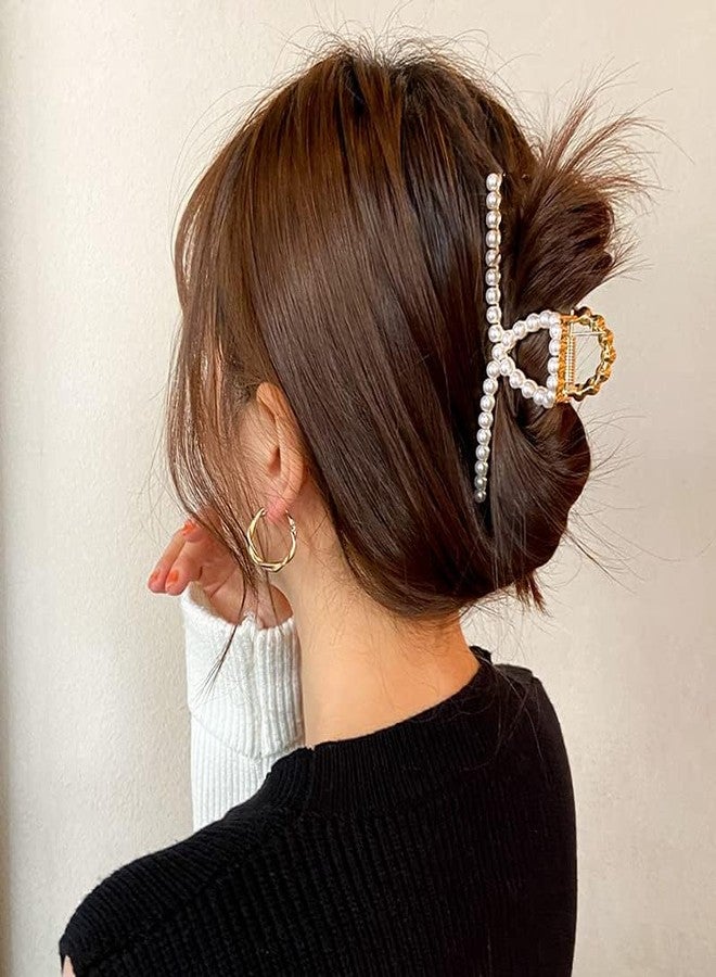 قطعتان من مشابك الشعر المعدنية الكبيرة للنساء، لون ذهبي مطفي مع لآلئ، مشابك شعر سميكة غير قابلة للانزلاق، مشابك شعر قوية لامعة على شكل سلطعون للشعر الطويل، مشابك شعر - Image 2