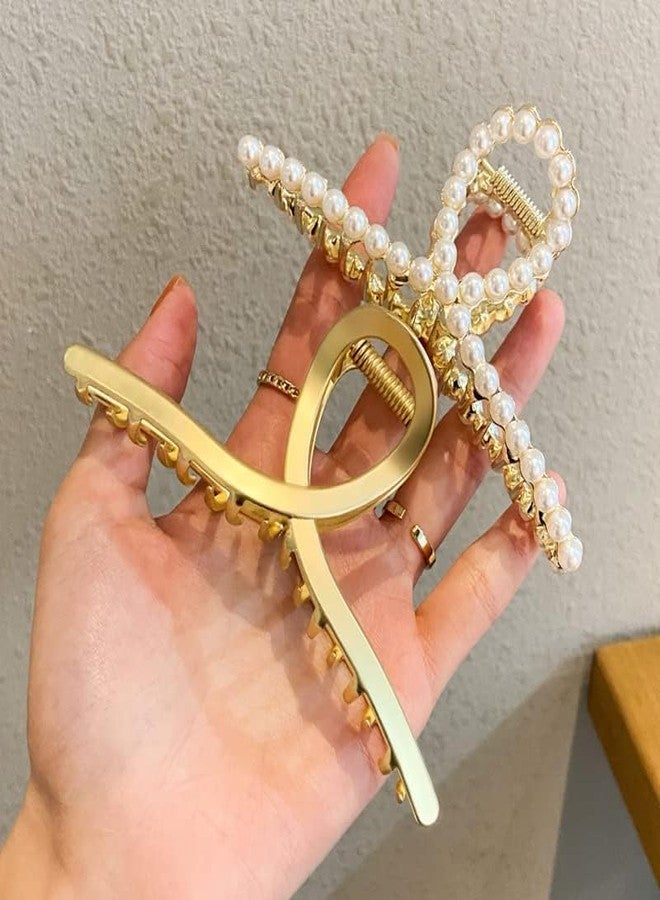 قطعتان من مشابك الشعر المعدنية الكبيرة للنساء، لون ذهبي مطفي مع لآلئ، مشابك شعر سميكة غير قابلة للانزلاق، مشابك شعر قوية لامعة على شكل سلطعون للشعر الطويل، مشابك شعر - Image 1