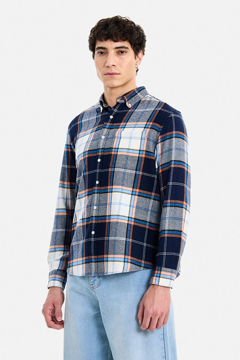 SNITCH Navy Checkered Long Sleeve Regular Fit Shirt