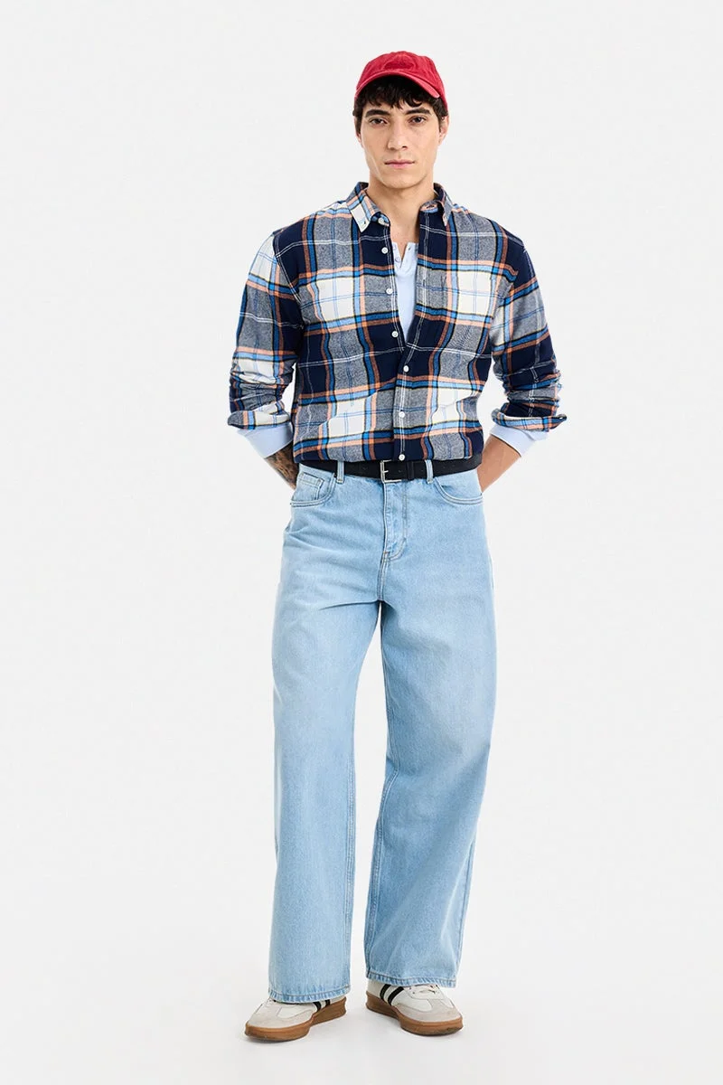 SNITCH Navy Checkered Long Sleeve Regular Fit Shirt