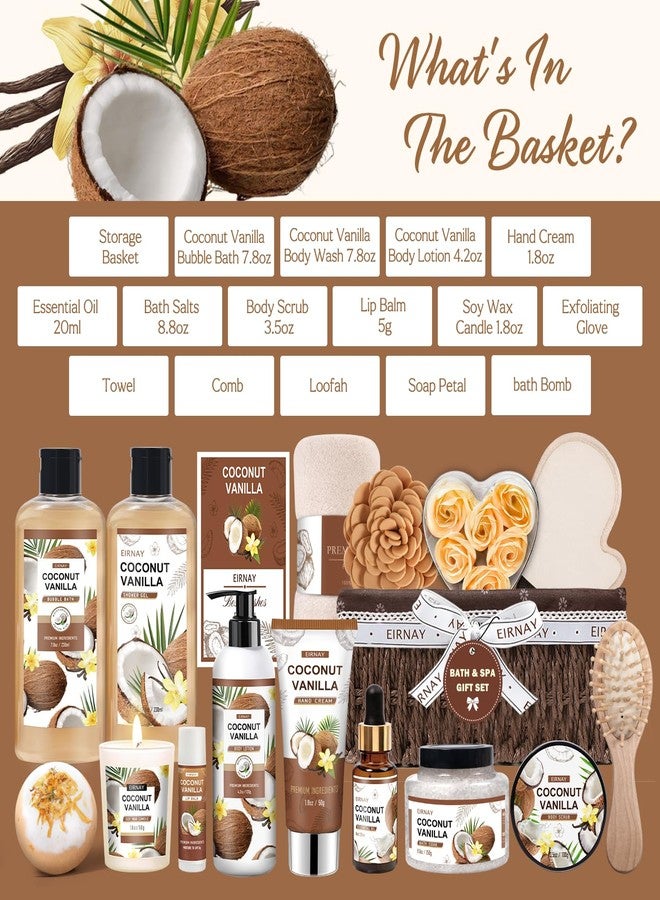EIRNAY Mothers Day Gifts For Women - 16 PCS Birthday Gift Basket for Women Set of Coconut Vanilla Self Pampering Set, Includes Luxurious Home Spa Shower Gel Bubble Bath - Image 2
