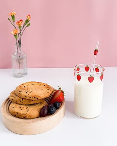 Kreapa strawberry cups 2 Sets Cute glass strawberry cups 300ML straw glass cups, Cute strawberrys pattern glass bottles for water milk tea, coffee juice tea cups (2pcs) - Image 5