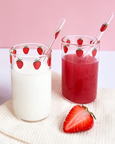 Kreapa strawberry cups 2 Sets Cute glass strawberry cups 300ML straw glass cups, Cute strawberrys pattern glass bottles for water milk tea, coffee juice tea cups (2pcs) - Image 1