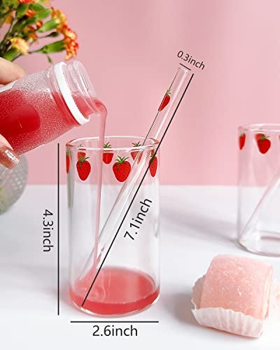 Kreapa strawberry cups 2 Sets Cute glass strawberry cups 300ML straw glass cups, Cute strawberrys pattern glass bottles for water milk tea, coffee juice tea cups (2pcs) - Image 2