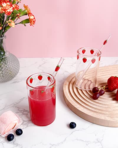 Kreapa strawberry cups 2 Sets Cute glass strawberry cups 300ML straw glass cups, Cute strawberrys pattern glass bottles for water milk tea, coffee juice tea cups (2pcs) - Image 3
