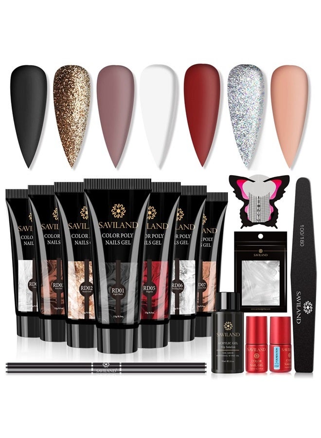 Saviland Poly Gel Nail Kit - 7 Colors Glitter Poly Gel Nail Extension Nail Kit with Slip Solution Christmas Nail Art Builder Nail Gel All-In-One Poly Nail Gel Kit for Nail Manicure Beginner Starter Ki - Image 1