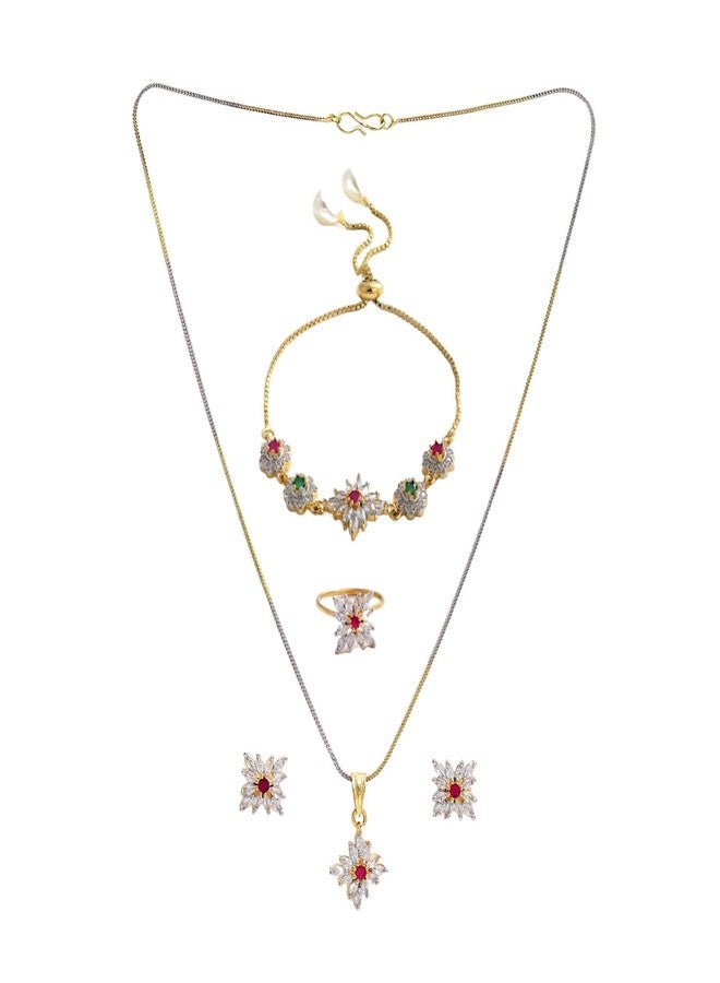 KENNICE Gold-Plated Cubic Zirconia Necklace with Earrings, Bracelet and Ring Jewellery Set for Girls and Women - Image 1
