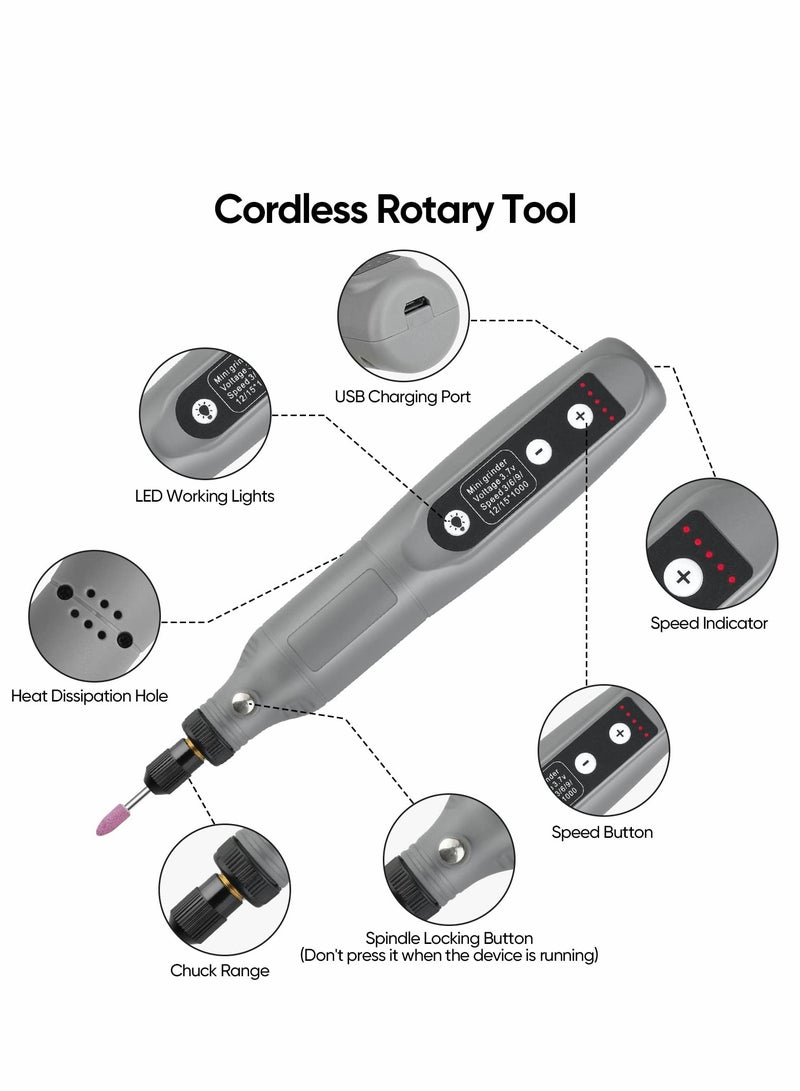 Rotary Tool Kit, Cordless 5-Speed Variable and USB Charging Cable Mini Power Tools, 3.7V with 45pcs Accessories for Cutting, Drilling, Sanding, Engraving, Polishing & DIY Crafts (Grey) - Image 2