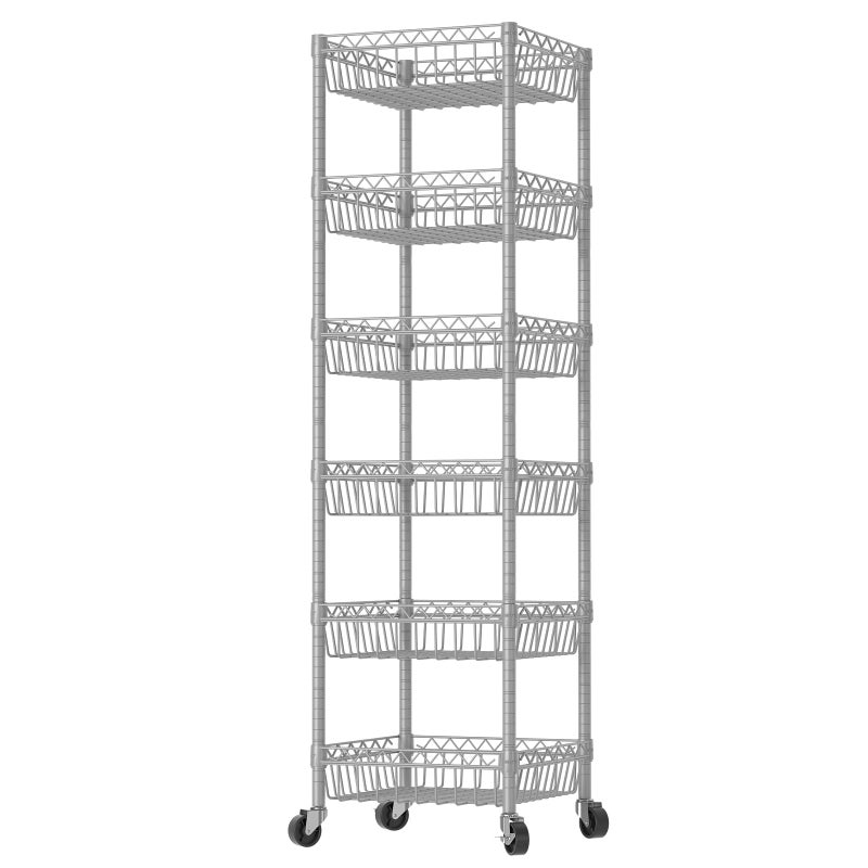 SINGAYE Shelf 6 Tier Shelves Wire Shelving Unit with Wheels Basket Storage Rack Corner Adjustable Closet Bathroom Organizers Metal Pantry Kitchen Garage Laundry Room 135 D x 135 W x 63 H Silver