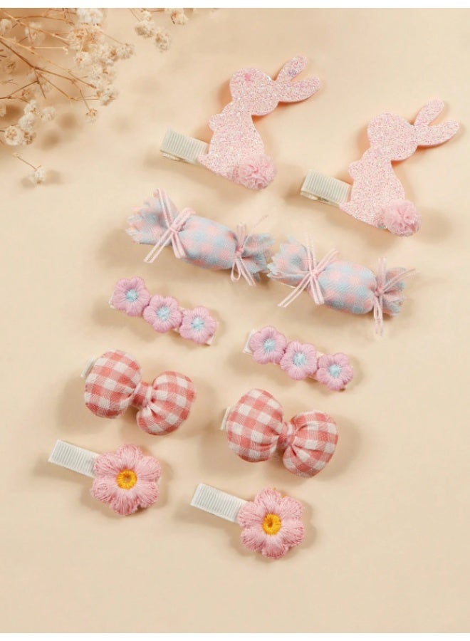 طقم 10 قطع مشابك شعر للبنات – تصاميم أرنب وزهور وفيونكة بألوان باستيل ناعمة – بنسات شعر غير قابلة للانزلاق للرضع والأطفال - Image 1
