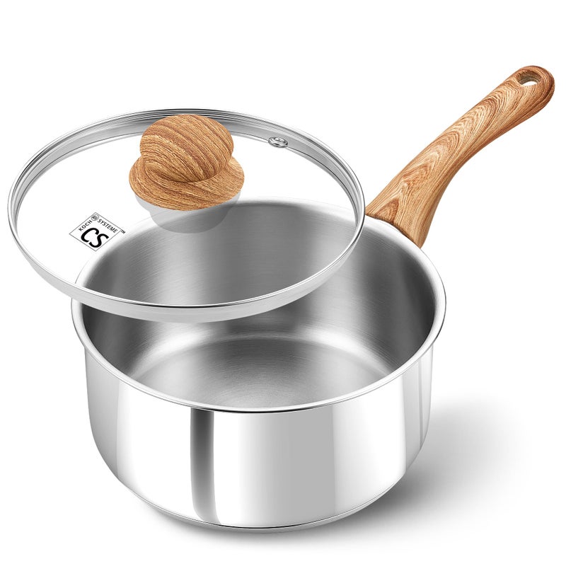 KOCH SYSTEME CS Stainless Steel Saucepan, 1 Quart Stainless Steel Pot with 5-Layer Stainless Base, Sauce Pan with Lid & Stay-Cool Handle, Small Pot 1 Quart, Induction Compatible - Image 1