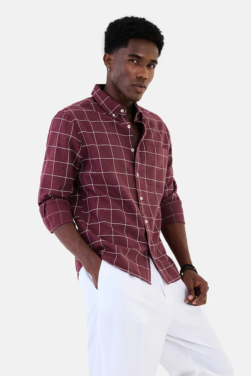 SNITCH Maroon Checkered Long Sleeve Regular Fit Casual Shirt