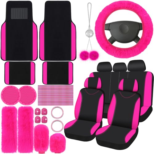 Woanger 47 Car Seat Cover Full Set for Women Included Car Front Rear Seat Fluffy Steering Wheel Cover Belt Automotive Floor Mats Air Conditioner Decoration Strip UniversalRose Red - Image 1