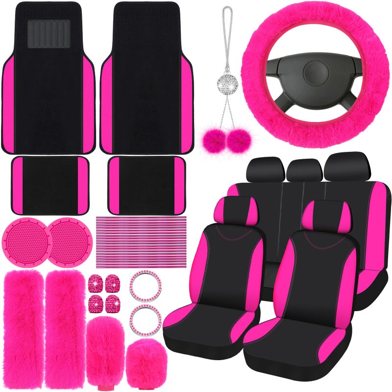 Woanger 47 Car Seat Cover Full Set for Women Included Car Front Rear Seat Fluffy Steering Wheel Cover Belt Automotive Floor Mats Air Conditioner Decoration Strip UniversalRose Red - Image 3