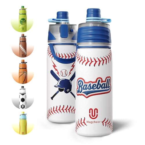 Magcheer Baseball Water Bottle - 20oz Insulated Misting Water Bottles Stainless Steel 3D Textured - Baseball Accessories Gift for Kids - Image 1
