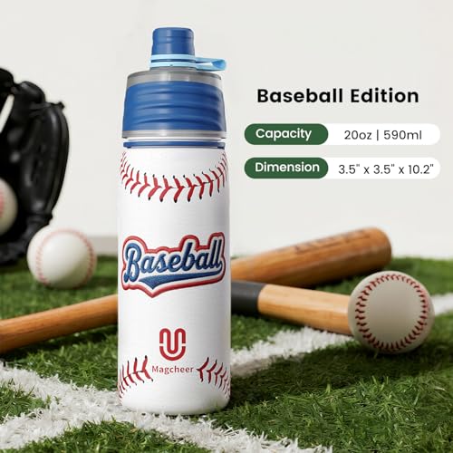 Magcheer Baseball Water Bottle - 20oz Insulated Misting Water Bottles Stainless Steel 3D Textured - Baseball Accessories Gift for Kids - Image 4