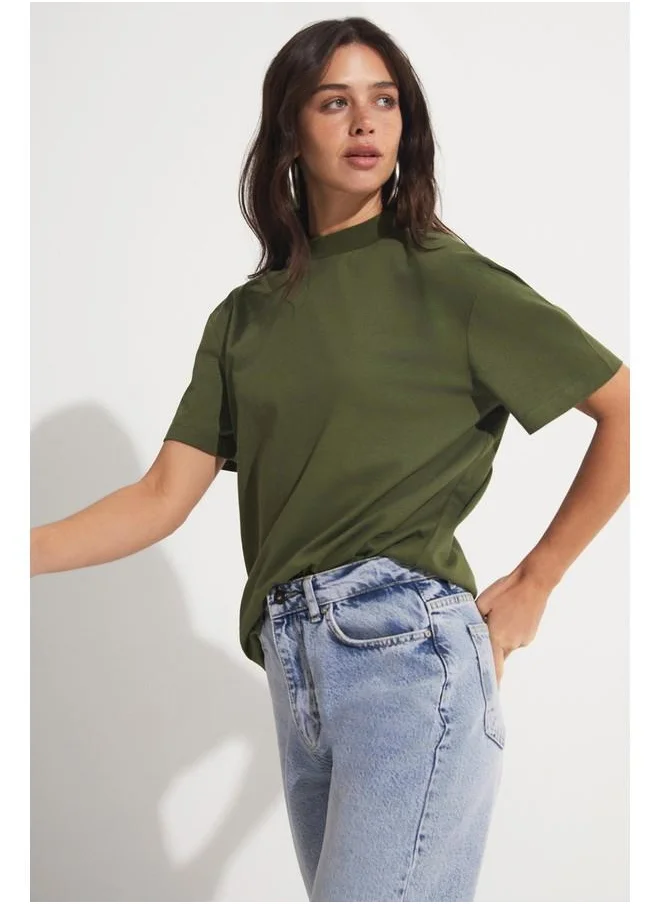 جون June Basic Ribbed Tshirt Khaki