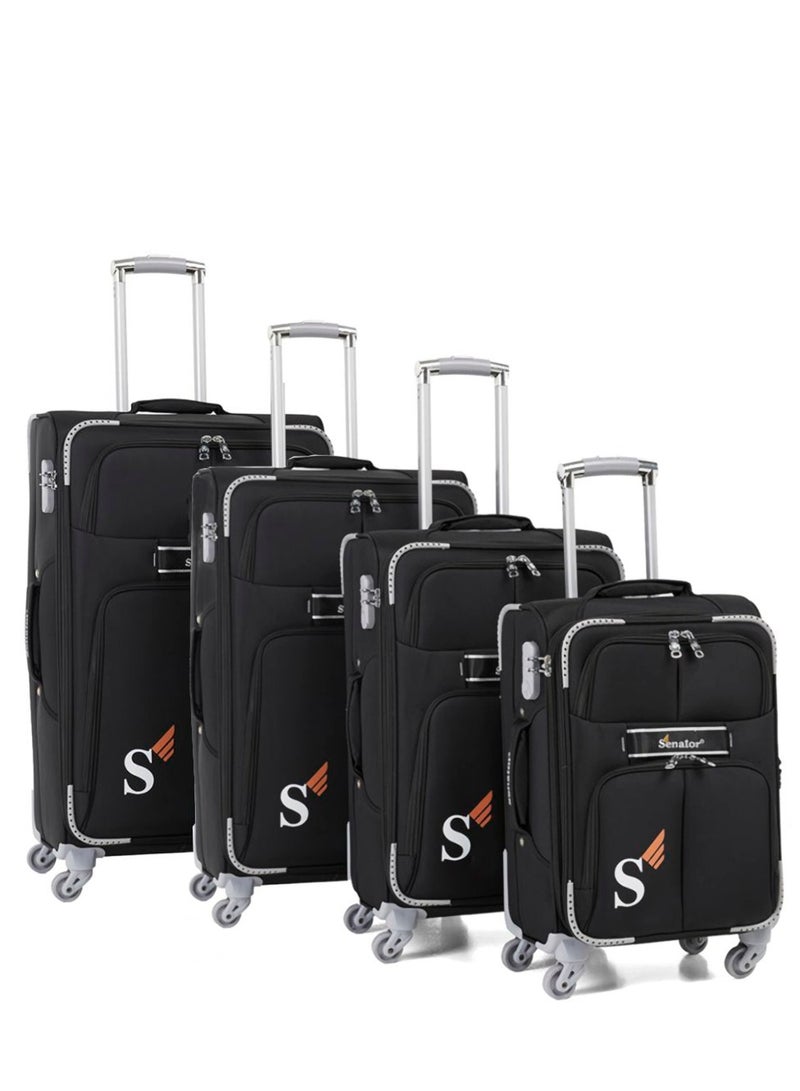 SENATOR Soft Shell Trolley Luggage Set of 4 Pcs For Unisex Ultra Lightweight Expandable Suitcase With 4 Wheels LL003 Black - Image 1
