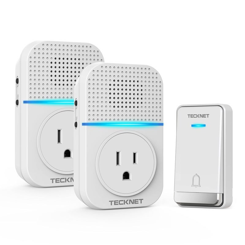 TECKNET Wireless Doorbell, Self-Powered Doorbell, 0-110db Plug-through Wireless Doorbell Ringer for Homes Classroom, IP66 Waterproof 1300ft Door Chime with Extra Socket, 60 Chimes, LED Light (White) - Image 1