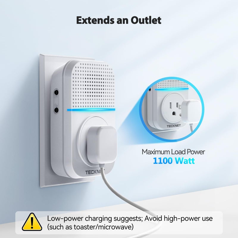 TECKNET Wireless Doorbell, Self-Powered Doorbell, 0-110db Plug-through Wireless Doorbell Ringer for Homes Classroom, IP66 Waterproof 1300ft Door Chime with Extra Socket, 60 Chimes, LED Light (White) - Image 2