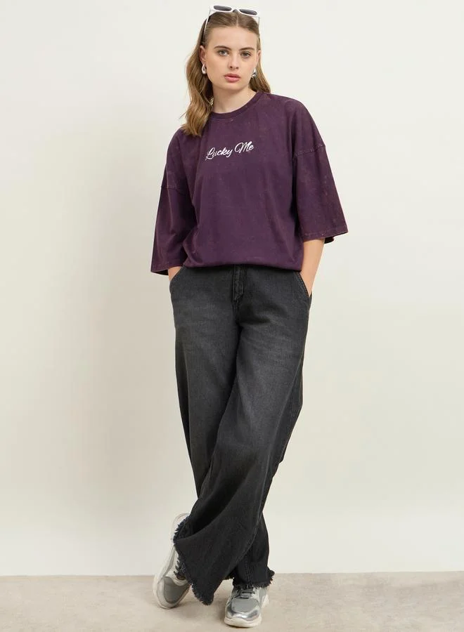 Styli Acid Washed Lucky Me Slogan Foil Print Exaggerated Shoulder Oversized T-Shirt
