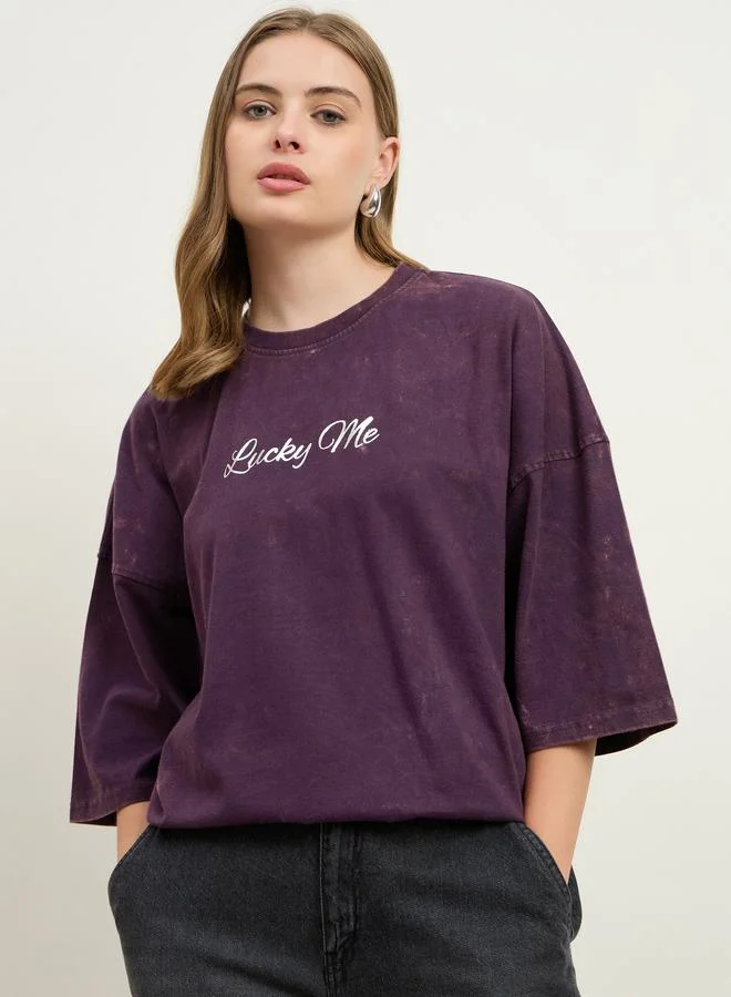 Styli Acid Washed Lucky Me Slogan Foil Print Exaggerated Shoulder Oversized T-Shirt