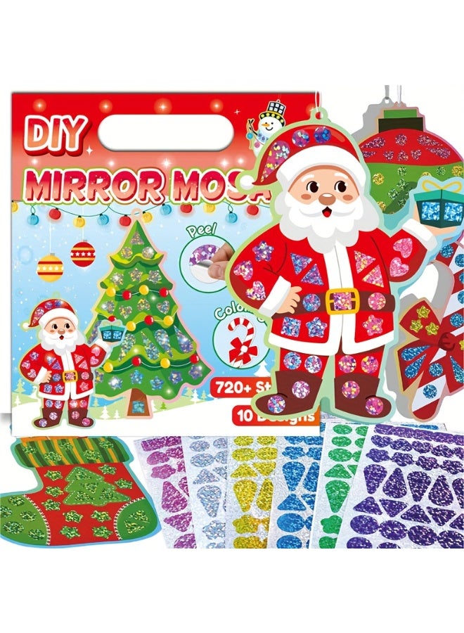 Capstro Mirror Mosaic Sticker Art Kit – Christmas Theme | 10 Pattern Cards, 12 Laser Mirror Stickers & 10 Lanyards | DIY Shiny Holiday Mosaic Craft for Kids Age 4+ | Festive Art Gift for Boys & Girls - Image 1