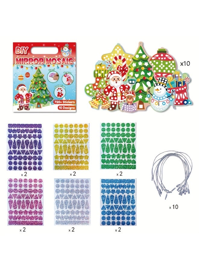 Capstro Mirror Mosaic Sticker Art Kit – Christmas Theme | 10 Pattern Cards, 12 Laser Mirror Stickers & 10 Lanyards | DIY Shiny Holiday Mosaic Craft for Kids Age 4+ | Festive Art Gift for Boys & Girls - Image 2