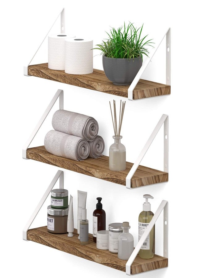 والنيتشر أرفف عائمة من Wallniture Ponza للجدران، أرفف حمام مثبتة على الحائط، طقم من 3 قطع، أرفف خشبية بلمسة نهائية محروقة مع دعامات بيضاء. - Image 1