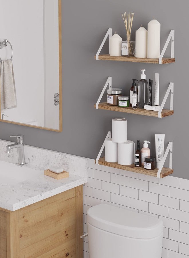 والنيتشر أرفف عائمة من Wallniture Ponza للجدران، أرفف حمام مثبتة على الحائط، طقم من 3 قطع، أرفف خشبية بلمسة نهائية محروقة مع دعامات بيضاء. - Image 2