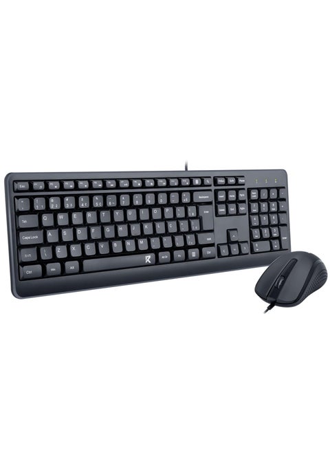 Wired office mouse and keyboard combo BS-7092 , 14 FN hotkeys for quick access to your most used programs and functions , 3 mouse buttons with 1200 DPI contoured design for comfortable daily use in office or home use - Black