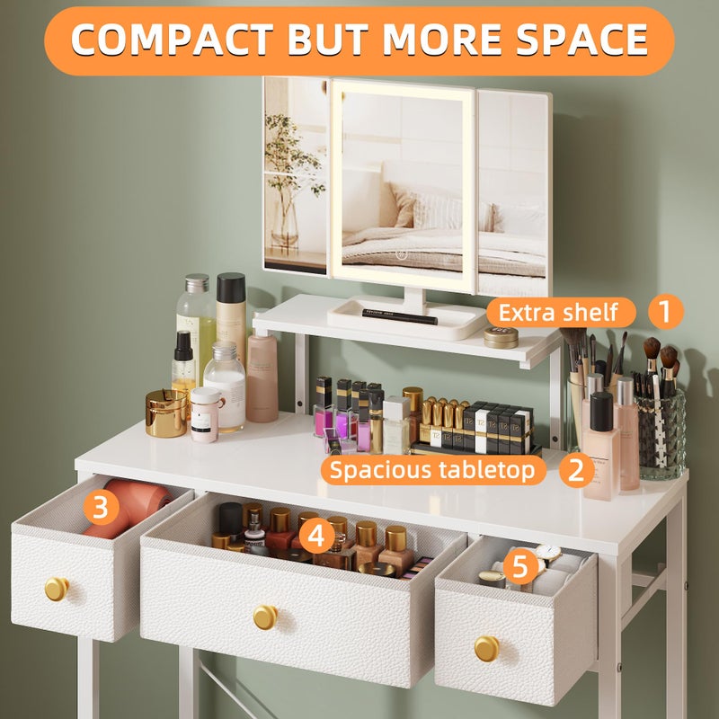 HIGDBFE Small Makeup Vanity Desk 27.5''W with Mirror and Lights, Vanity Desk with 3 Fabric Drawers and Height-Adjustable Stand, Vanity Table for Girls Gifts, Bedroom and Small Spaces, White - Image 2