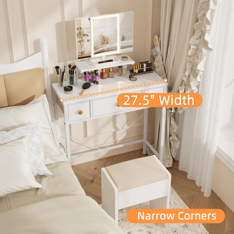 HIGDBFE Small Makeup Vanity Desk 27.5''W with Mirror and Lights, Vanity Desk with 3 Fabric Drawers and Height-Adjustable Stand, Vanity Table for Girls Gifts, Bedroom and Small Spaces, White - Image 4