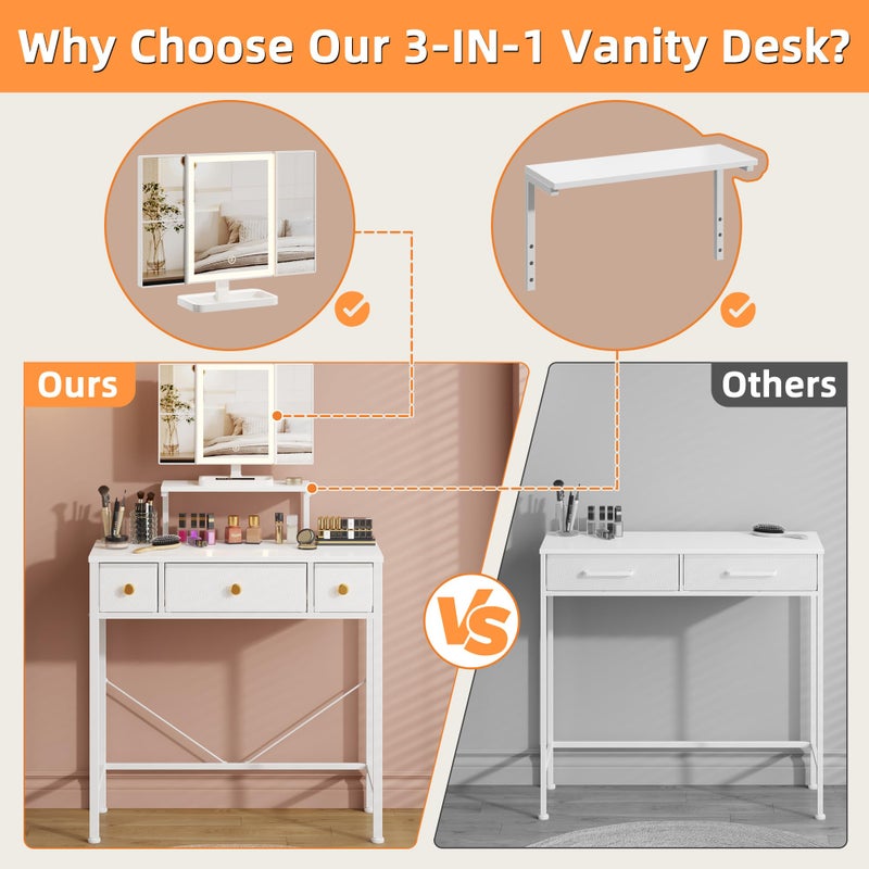 HIGDBFE Small Makeup Vanity Desk 27.5''W with Mirror and Lights, Vanity Desk with 3 Fabric Drawers and Height-Adjustable Stand, Vanity Table for Girls Gifts, Bedroom and Small Spaces, White - Image 5