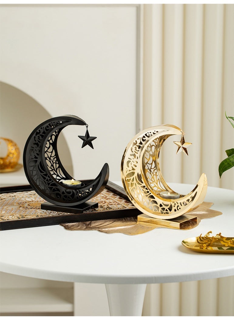 حامل شموع شاي معدني هلال ذهبي أسود – منحوت ديكور مهرجان زينة إكسسوارات منزلية هدية - Image 3