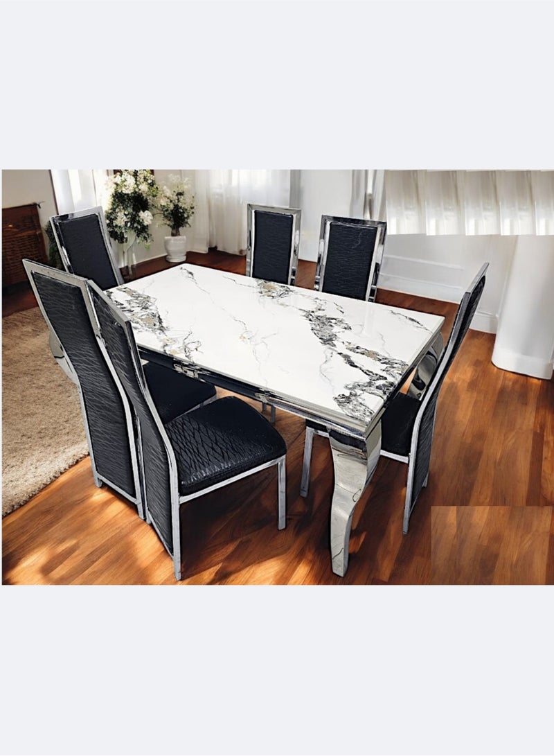 KARNAK Modern Metal Body Frame and Table-Top Marble Dining Table Set (1+6) White-Black - Image 1
