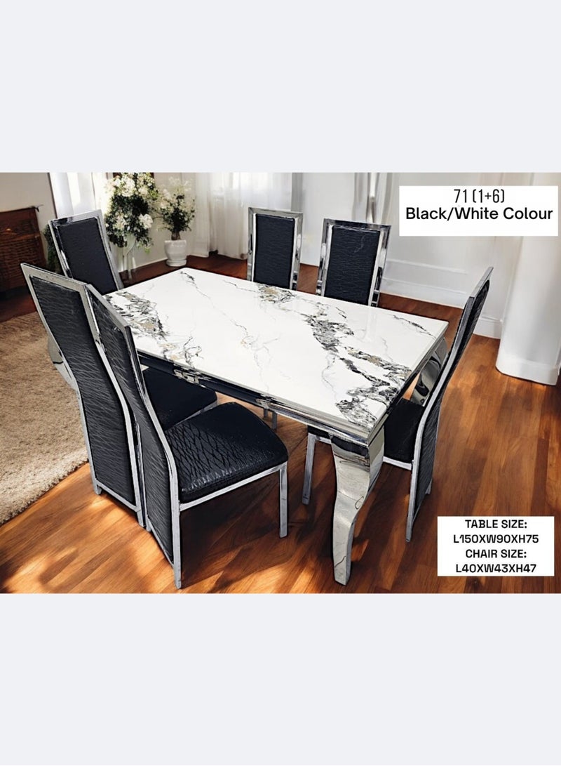 KARNAK Modern Metal Body Frame and Table-Top Marble Dining Table Set (1+6) White-Black - Image 2