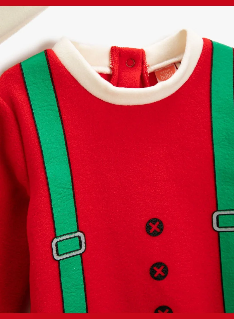 كوتون Christmas Themed Fleece Jump Suit and Pompom Detail Hat
