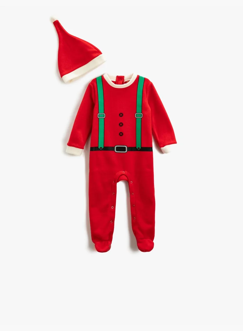 كوتون Christmas Themed Fleece Jump Suit and Pompom Detail Hat