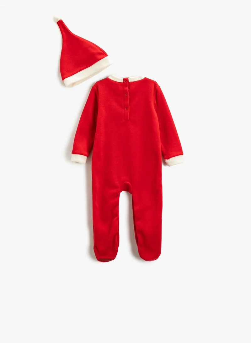 كوتون Christmas Themed Fleece Jump Suit and Pompom Detail Hat