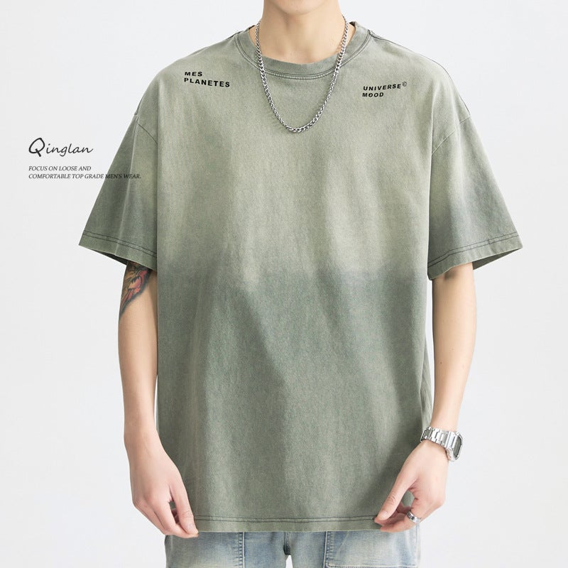 Summer American-Style Washed Old Gradient Green Men'S Short-Sleeved T-Shirt Men'S High Street Round Neck Loose Trendy Brand Short T-Shirt - Image 1