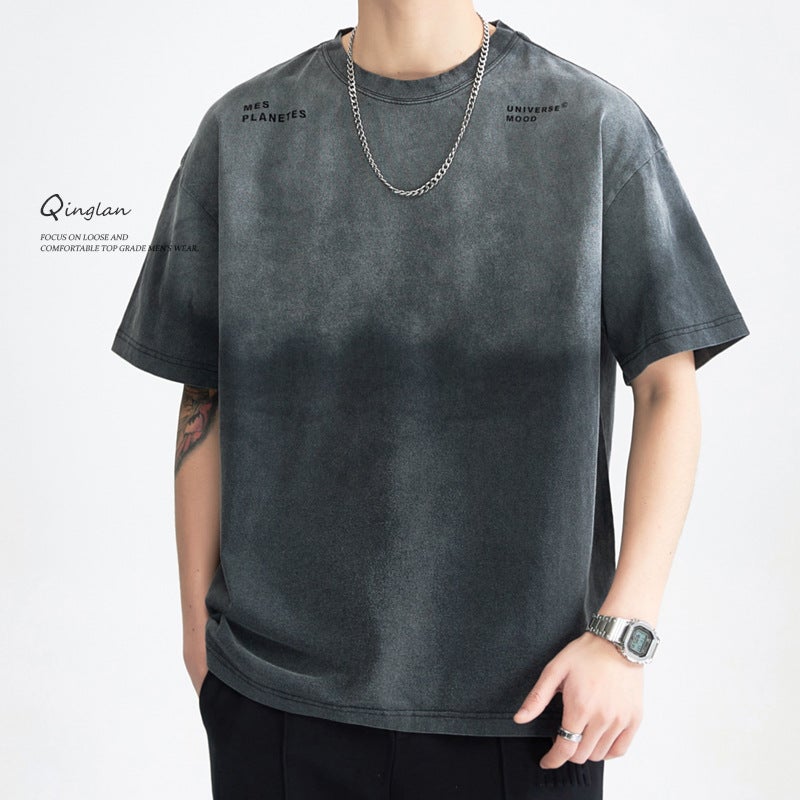 Summer American-Style Washed Old Gradient Green Men'S Short-Sleeved T-Shirt Men'S High Street Round Neck Loose Trendy Brand Short T-Shirt - Image 2